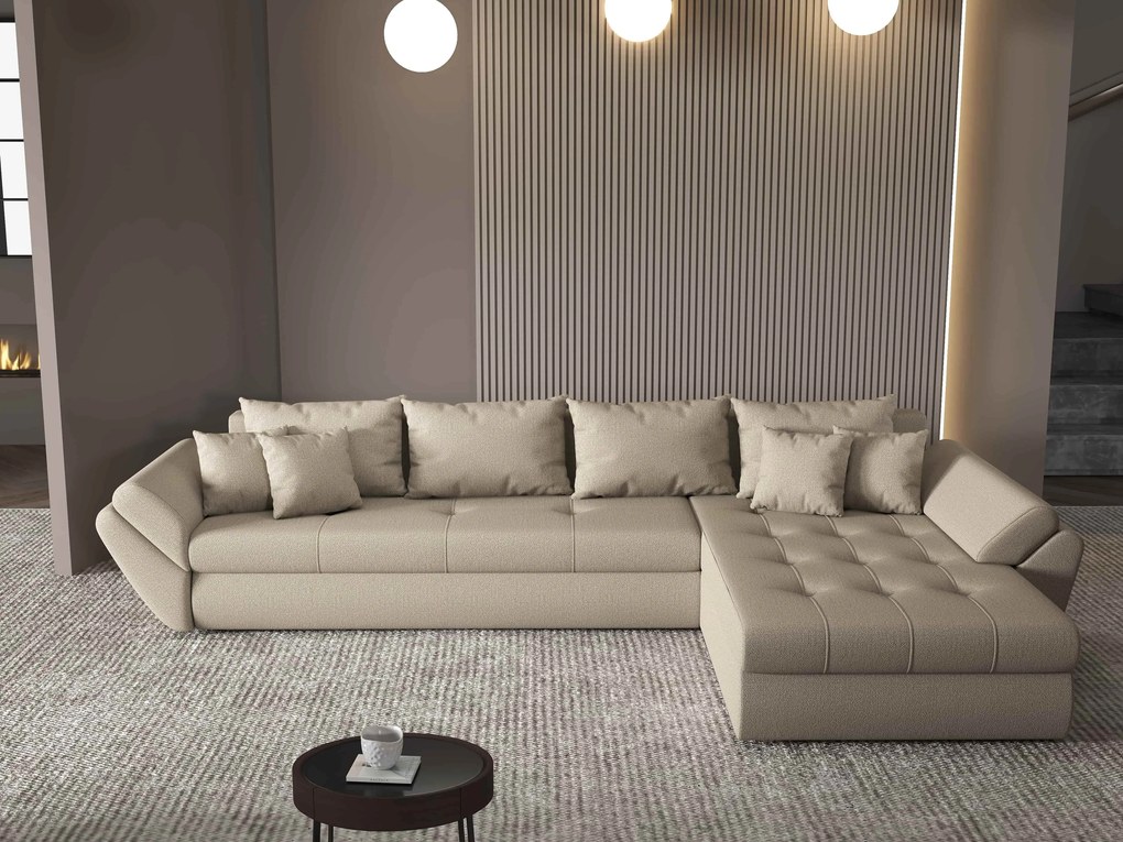 Colțar extensibil dumonde cu ladă de depozitare si sezut confortabil din spuma high-density, Loana XL Enjoy Camel II 335x185 cm