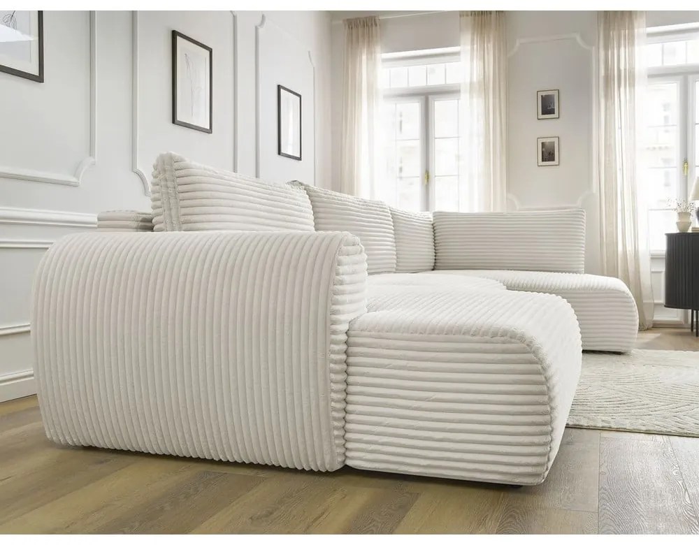 Colțar crem extensibil/cu spațiu de depozitare cu tapițerie din catifea reiată (cu colț pe partea dreaptă/în formă de "U") Lucien – Bobochic Paris