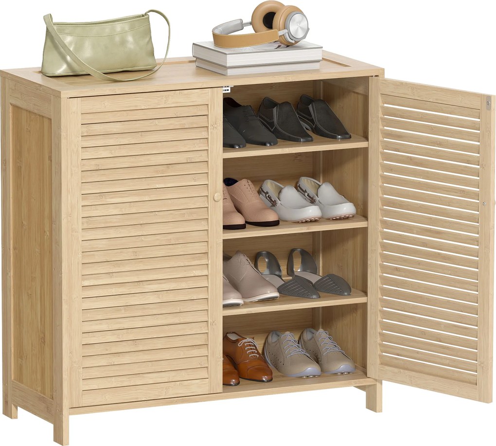 HOMCOM Dulap pentru pantofi din bambus 14 perechi, dulap de pantofi cu uși cu obloane și rafturi reglabile, lemn natural | Aosom Romania