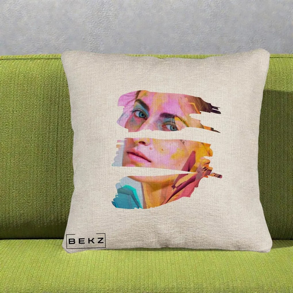 Perna Decorativa Portret Femeie Fragmentat Colorat, 40x40 cm, Bej Canapea, Husa Detasabila, Perna Inclusa, BEKZ®