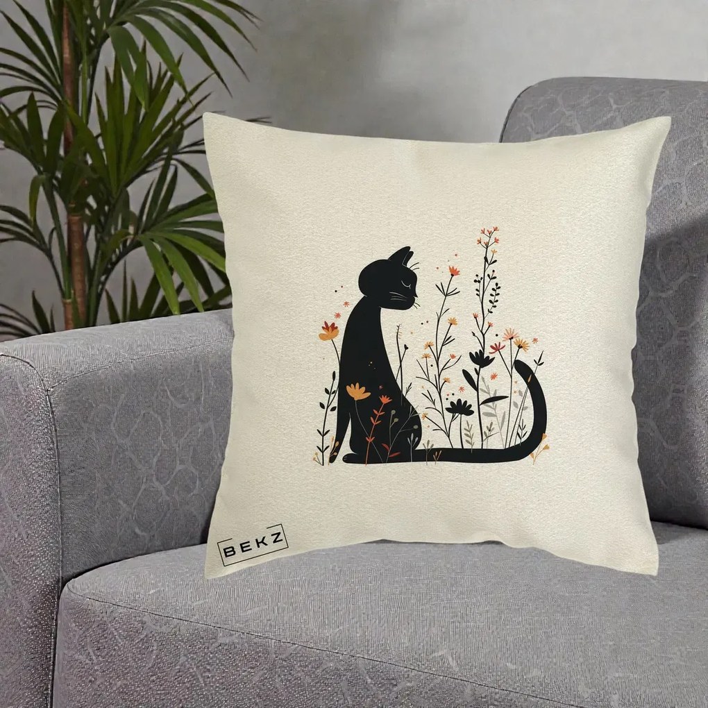 Perna Decorativa Pisica Neagra Flori Portocalii Silueta, 40x40 cm, Ecru, Husa Detasabila, Perna Inclusa, BEKZ®