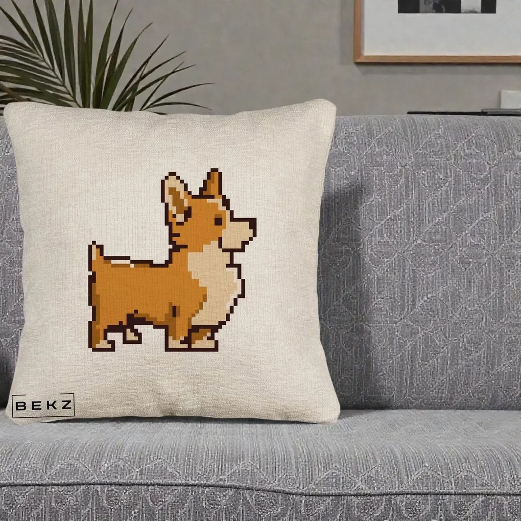 Perna Personalizata Corgi Pixel Art, 40x40 cm, Bej Canapea, Husa Detasabila, Perna Inclusa, BEKZ®