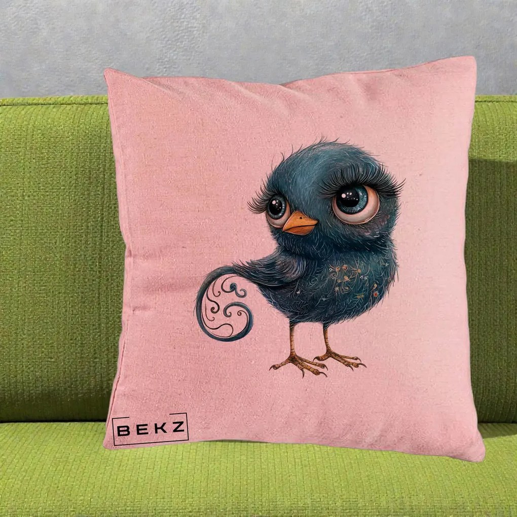 Perna Decorativa Pasare Teal cu Motive Aurii si Coada Spiralata, 40x40 cm, Roz, Husa Detasabila, Perna Inclusa, BEKZ®