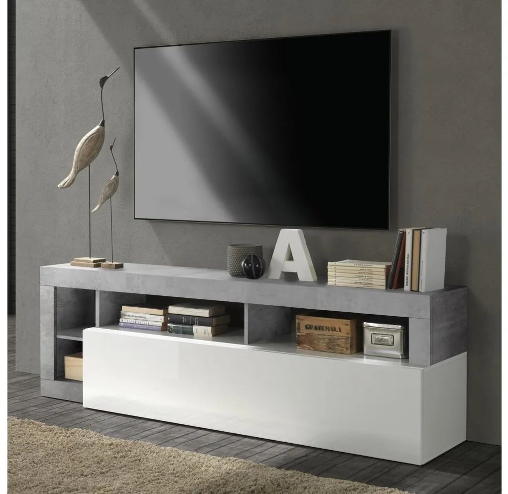 Comodă TV LENOR, alb/gri cu aspect beton