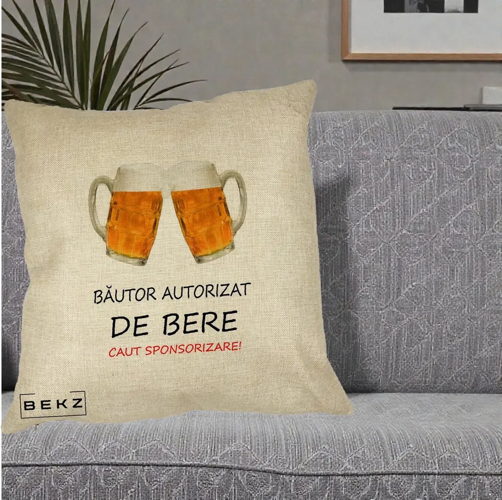 Perna Decorativa Bautor Autorizat de Bere, 40x40 cm, Crem, Husa Detasabila, Perna Inclusa, BEKZ®