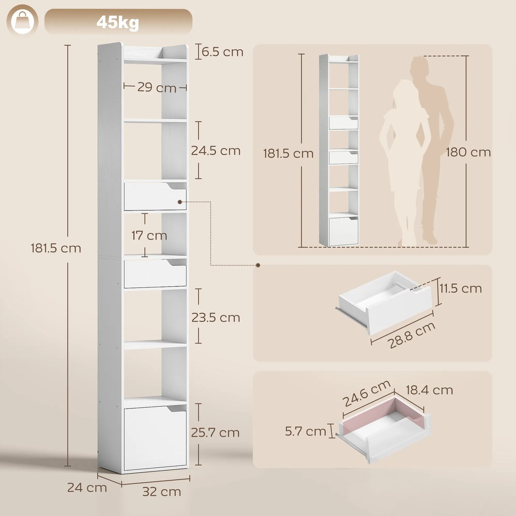 HOMCOM Bibliotecă pentru cărți cu 2 sertare și ușă Etajeră îngustă cu 6 rafturi deschise 32x24x181,5 cm Alb | Aosom Romania