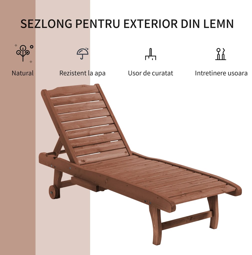 Outsunny Pat Sezlong de Gradina cu roti si tava detasabila din lemn