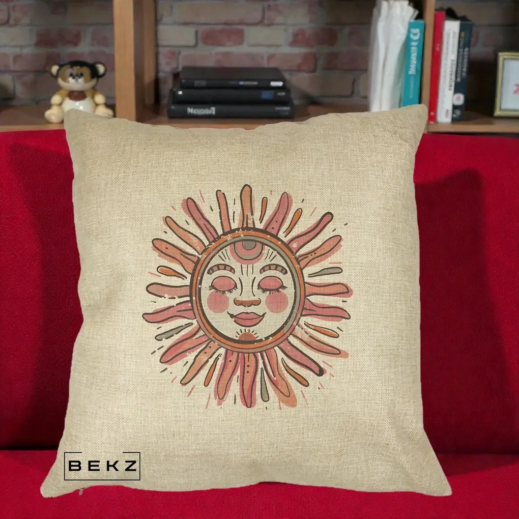 Perna Decorativa Soare Roz Tribal, 40x40 cm, Crem, Husa Detasabila, Perna Inclusa, BEKZ®