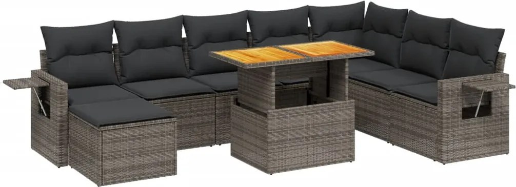 vidaXL Set canapele de grădină, 9 piese, cu perne, gri, poliratan