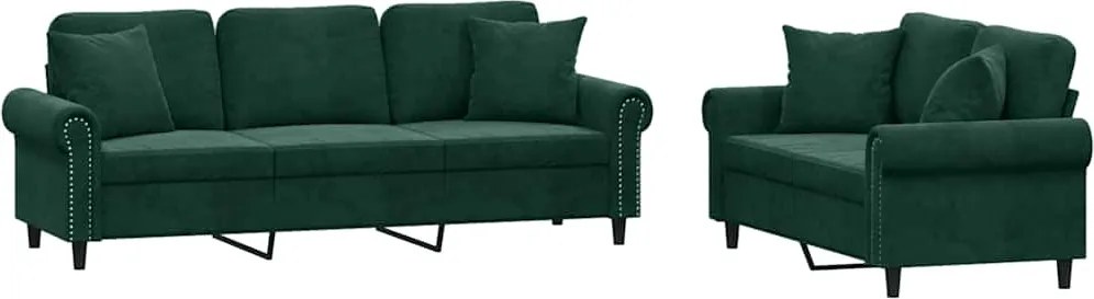 vidaXL Set canapea cu perne, 2 piese, verde închis, catifea