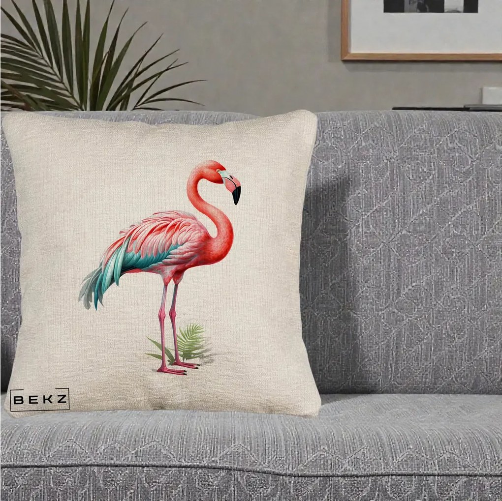 Perna Decorativa Flamingo Roz cu Pene Teal, 40x40 cm, Bej Canapea, Husa Detasabila, Perna Inclusa, BEKZ®
