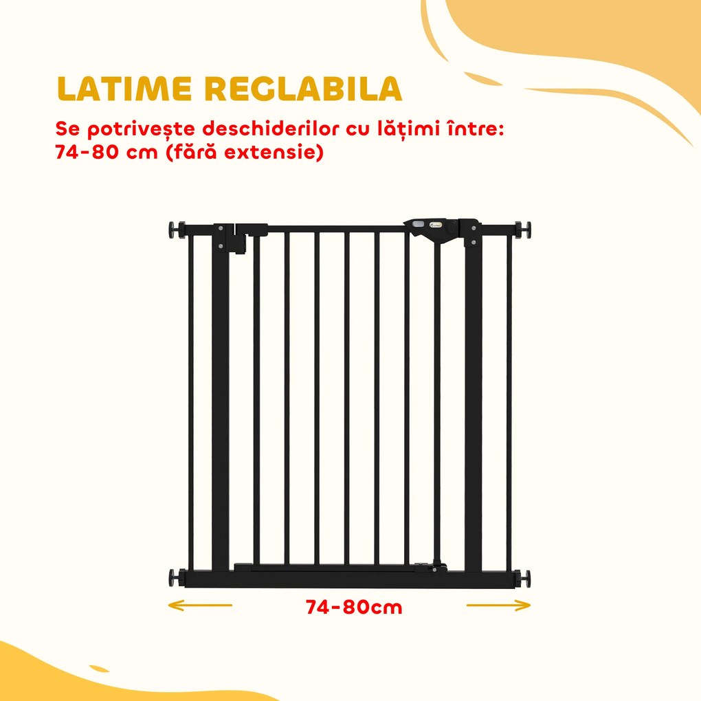 PawHut Poartă de Siguranță pentru Câini cu 2 Extensii, Lățime Reglabilă și Închidere Automată, 74x77cm, Negru | Aosom Romania