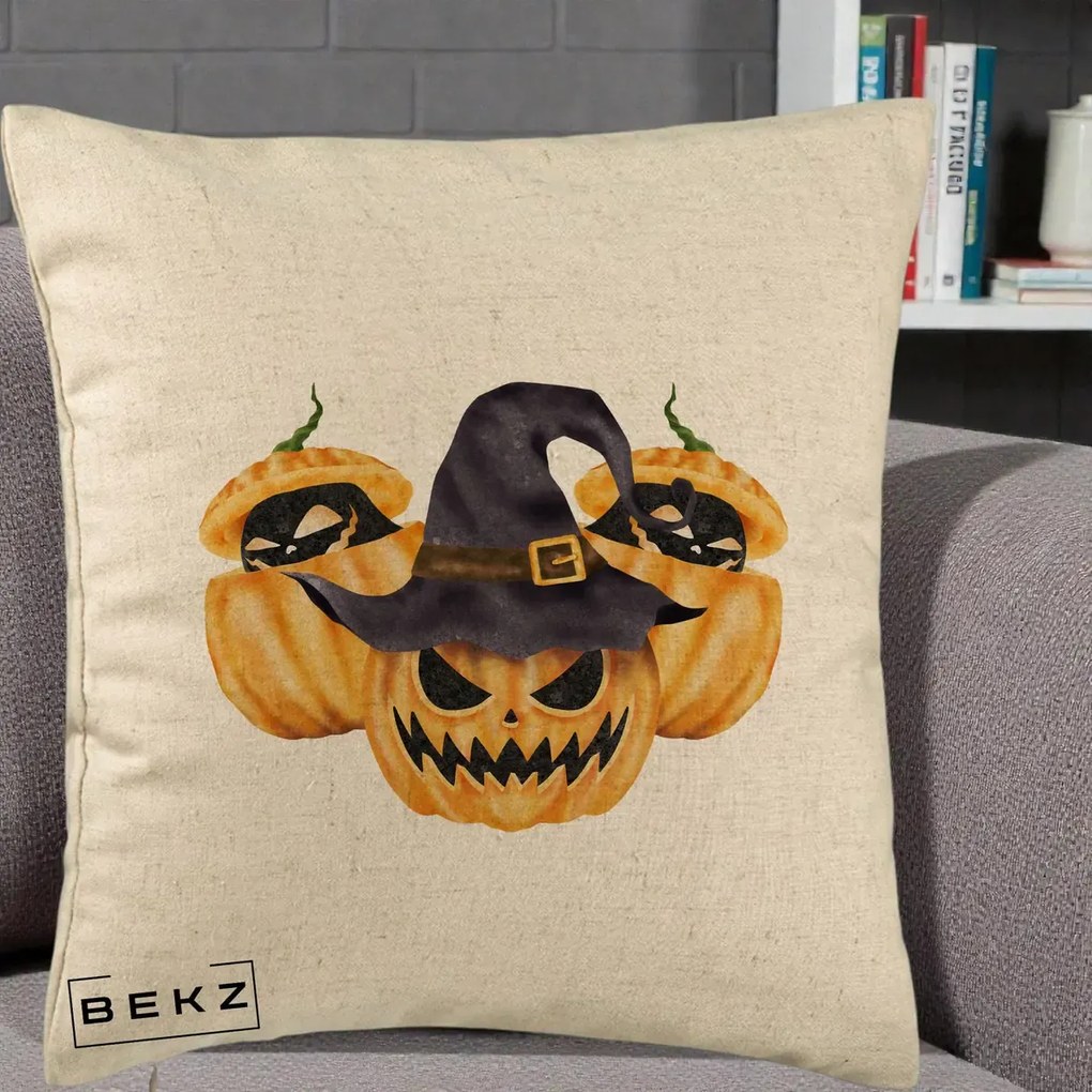 Perna Decorativa Trio Dovleci Jack-o-Lantern cu Palarie Vrajitoare, 40x40 cm, Bej, Husa Detasabila, Perna Inclusa, BEKZ®