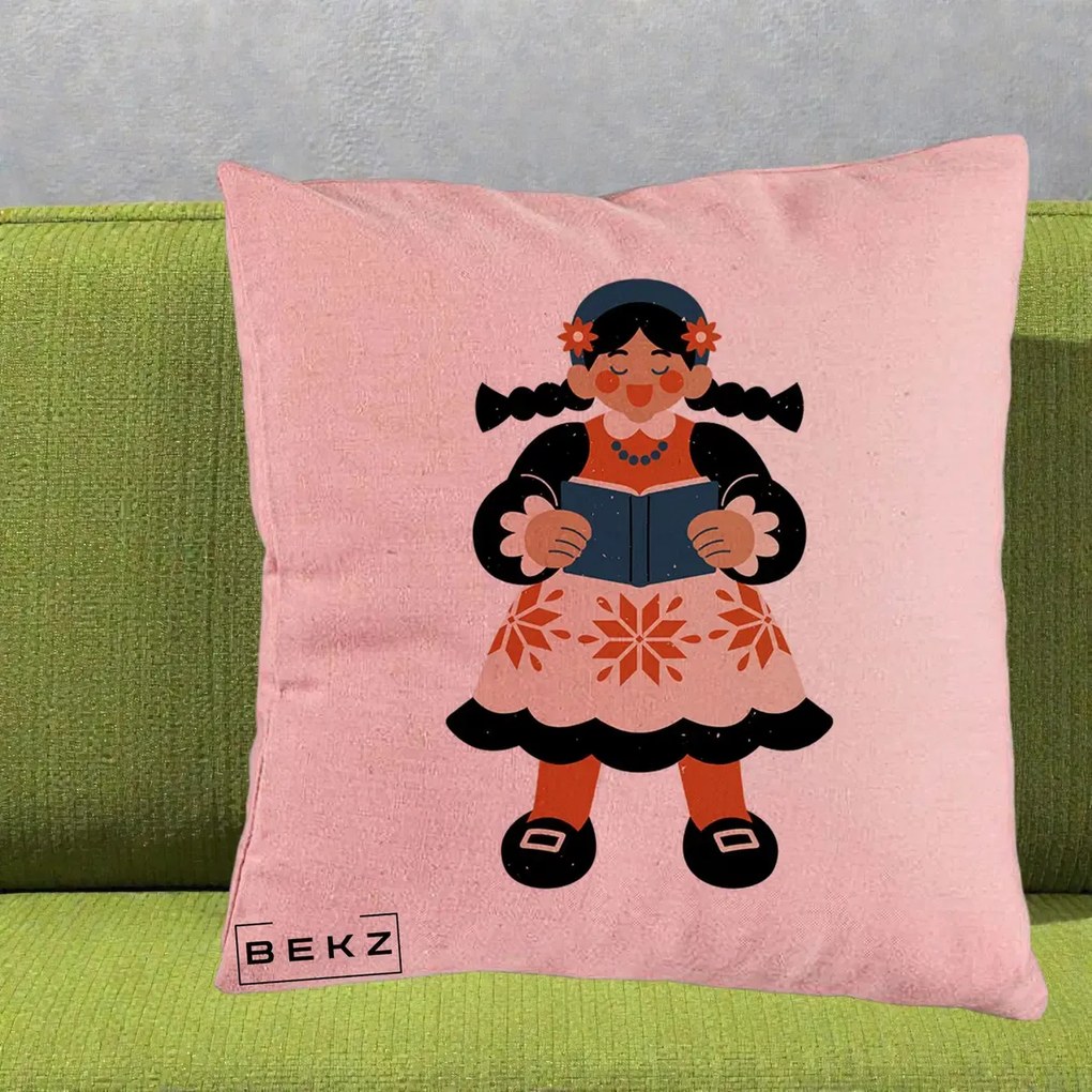 Perna Personalizata Fetita cu Carte Ilustratie Folk, 40x40 cm, Roz, Husa Detasabila, Perna Inclusa, BEKZ®