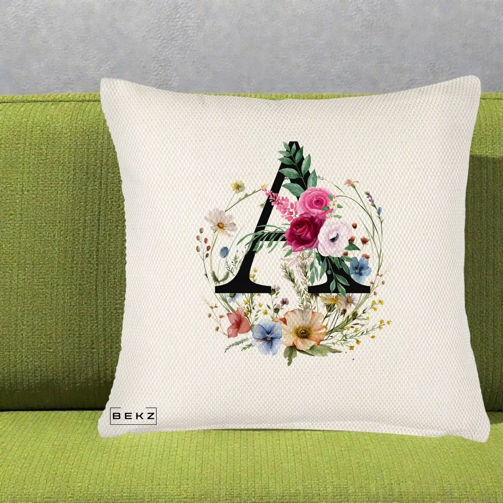Cadou Personalizat - Perna Personalizata Monogram Litera A cu Flori Acuarela, 40x40 cm, Crem Reliefat, Husa Detasabila, Perna Inclusa, BEKZ®