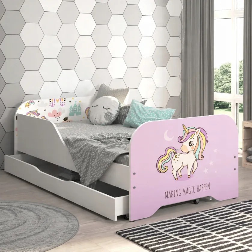 Pat pentru copii MIKI 160 x 80 cm cu motiv unicorn roz