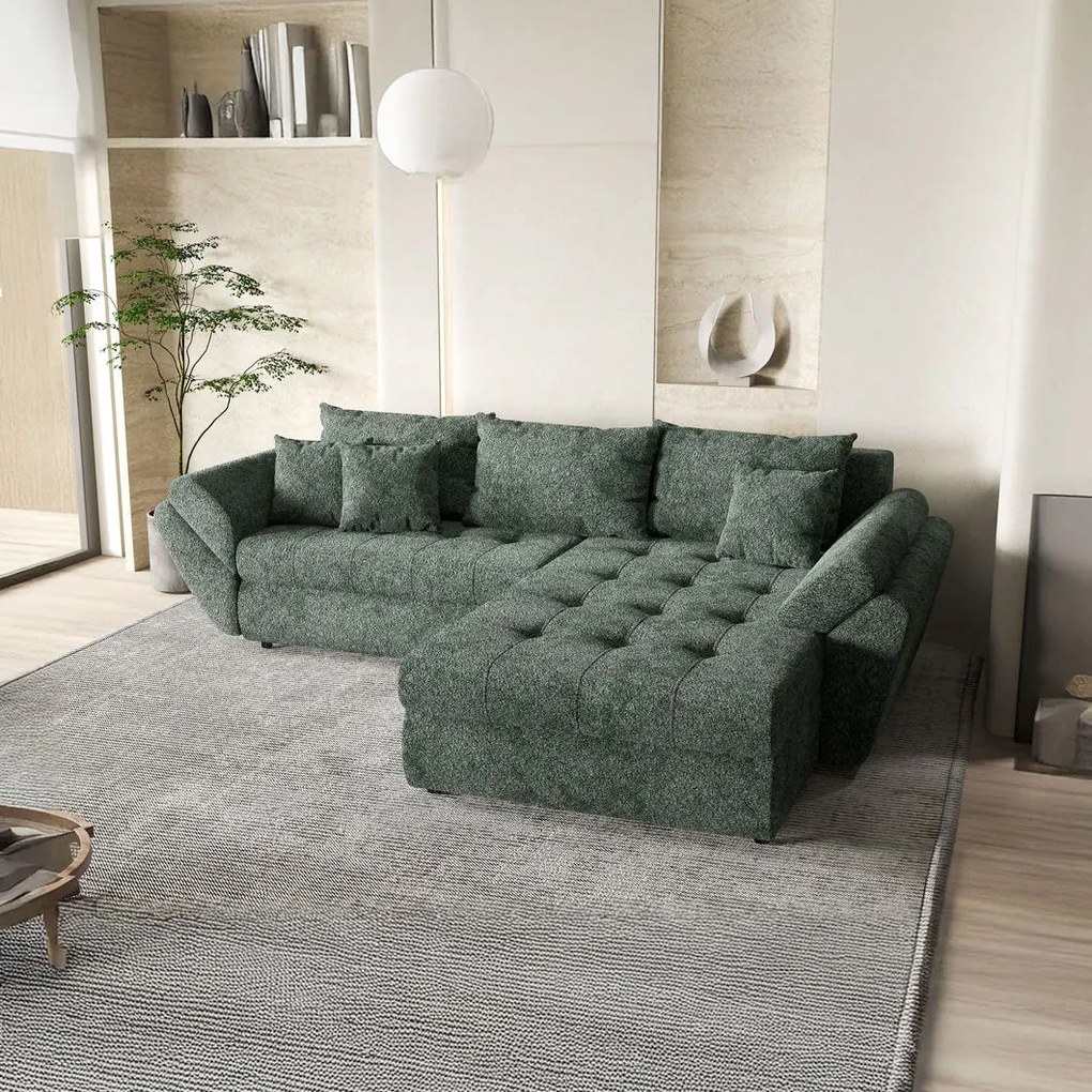 Colțar extensibil dumonde cu ladă de depozitare si sezut confortabil din spuma high-density, Loana Euphoria Green II 270x185 cm