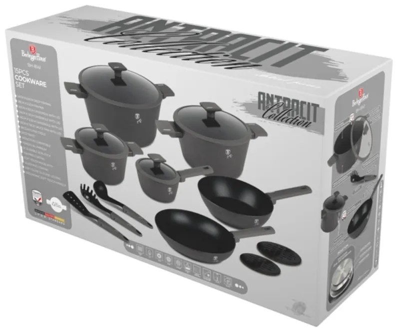 Set oale si tigai cu capace 15 piese Anthracite Berlinger Haus BH 8141, antiaderente, design premium, inductie