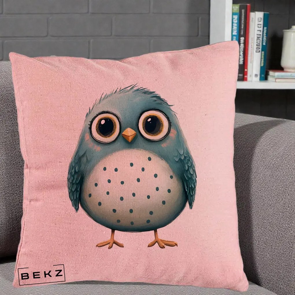 Perna Decorativa Pasare Teal cu Buline Teal, 40x40 cm, Roz, Husa Detasabila, Perna Inclusa, BEKZ®