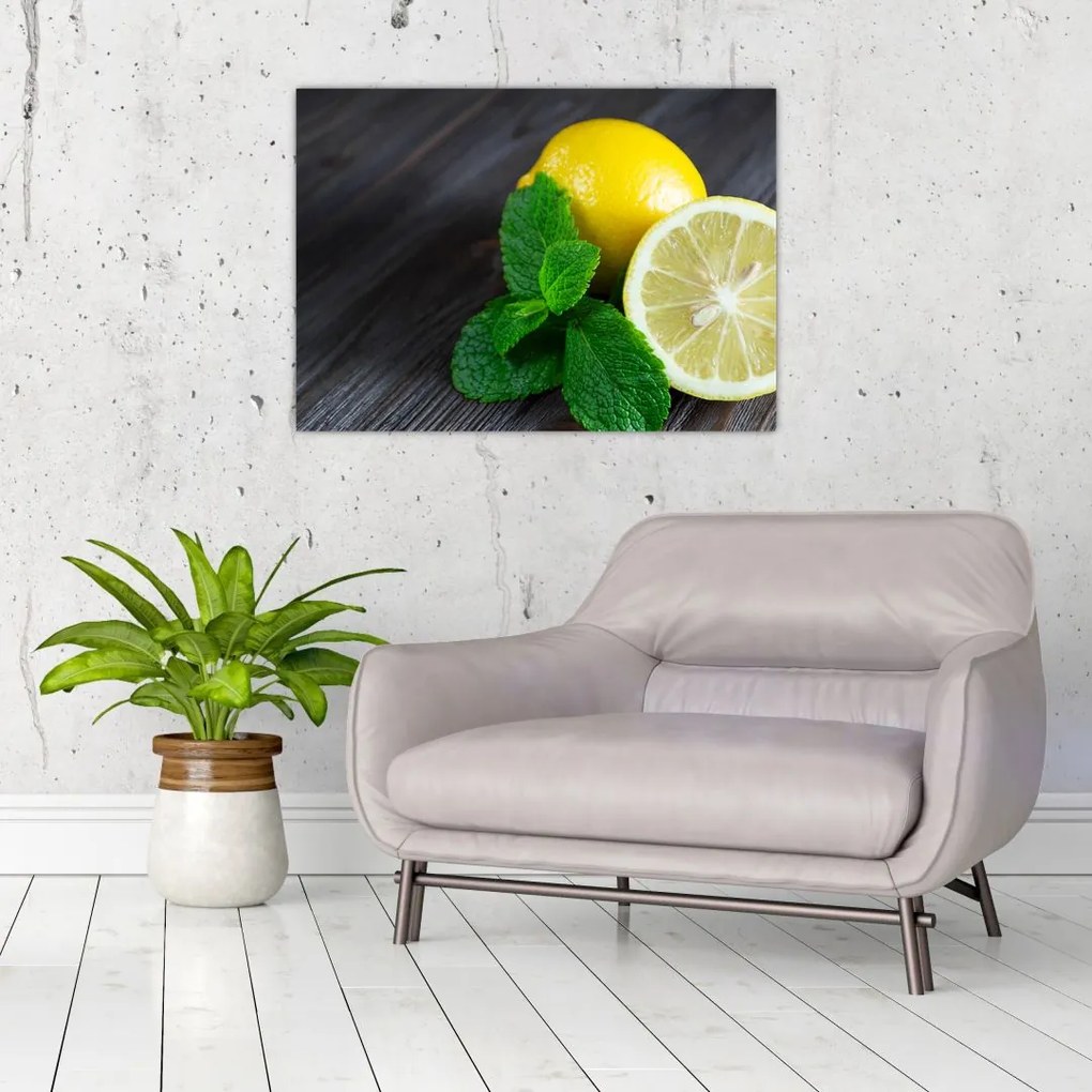 Tablou pe sticlă cu lămâie și mentă pe masă (70x50 cm)