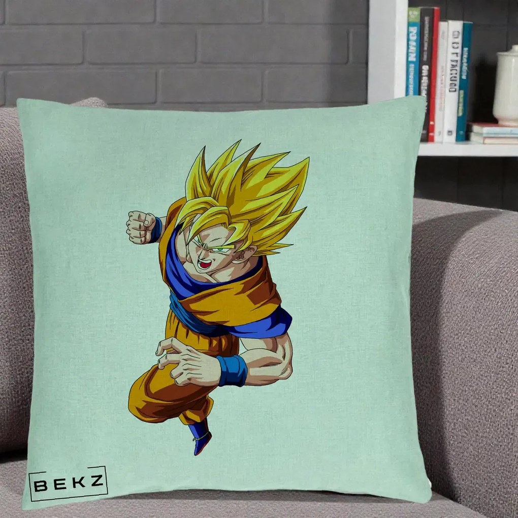 Perna Personalizata Dragon Ball Goku Super Saiyan 2 Lupta, 40x40 cm, Verde Menta, Husa Detasabila, Perna Inclusa, BEKZ®