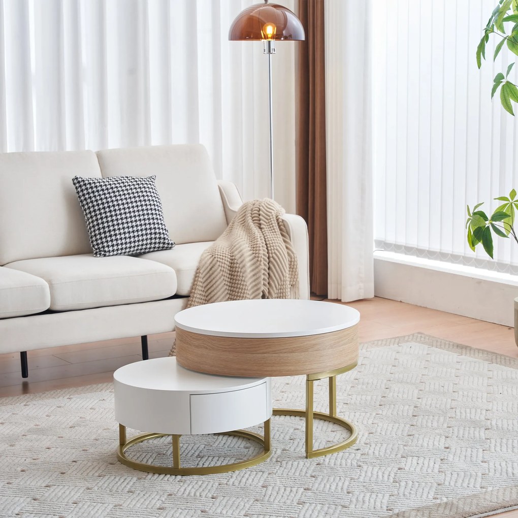 Set de Măsuțe de Cafea Suprapozabile Reglabile pe Înălțime cu Două Sertare, Design Elegant din MDF, 70x70x42/56,5 + 60x60x24 cm, Alb