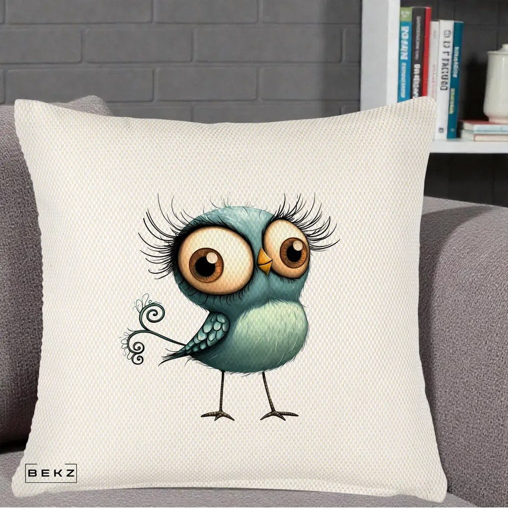 Perna Decorativa Pasare Teal cu Gene si Coada Spiralata, 40x40 cm, Crem Reliefat, Husa Detasabila, Perna Inclusa, BEKZ®