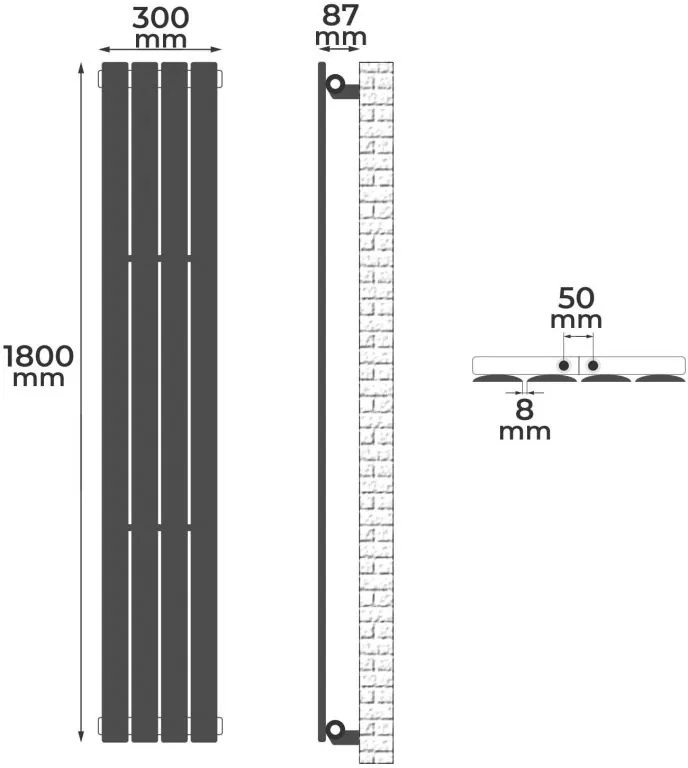 Radiator vertical, conexiune centrală, 1800 x 300 x 52 mm