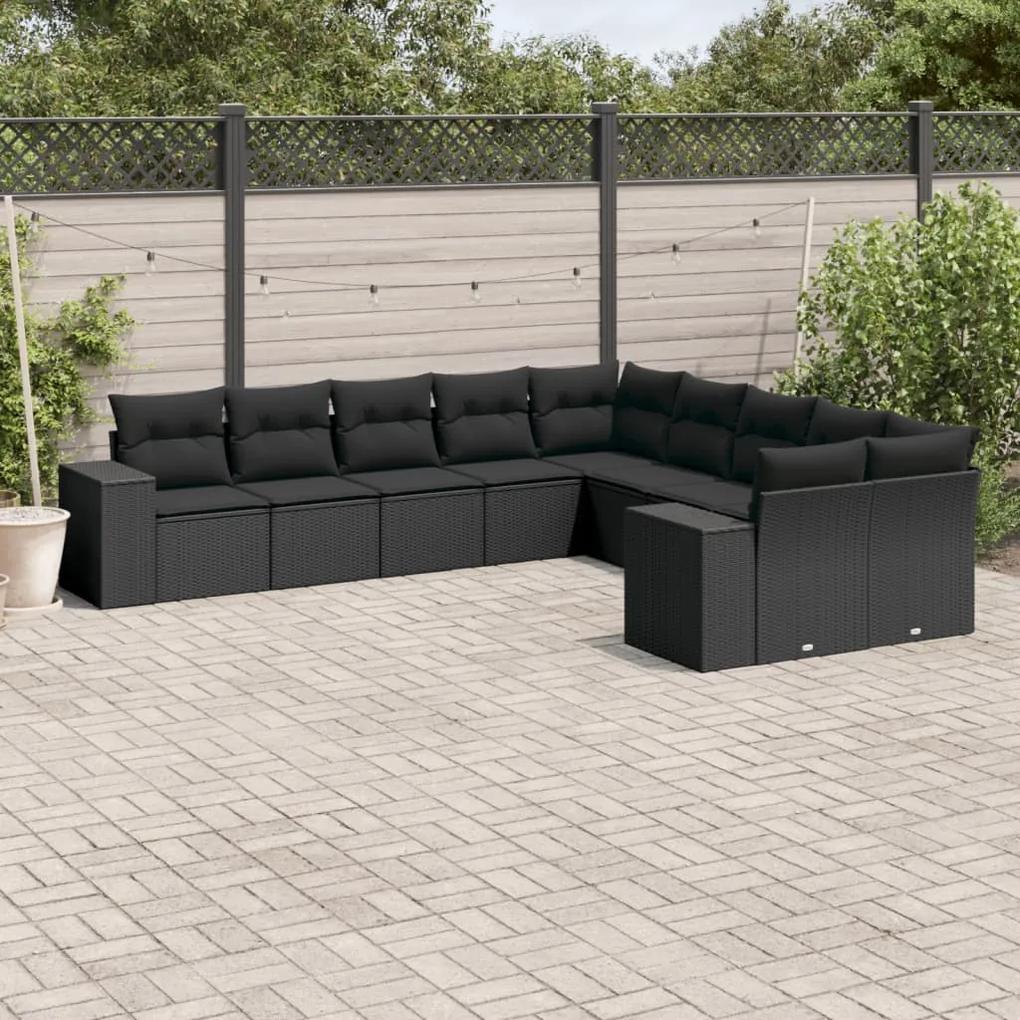 3255442 vidaXL Set canapele de grădină cu perne, 10 piese, negru, poliratan