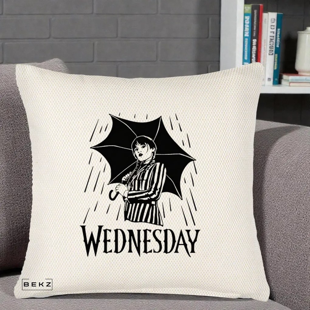 Perna Personalizata Wednesday cu Umbrela Ploaie Lineart, 40x40 cm, Crem Reliefat, Husa Detasabila, Perna Inclusa, BEKZ®