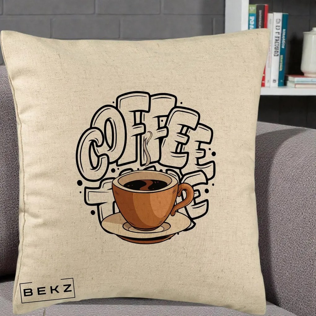 Perna Personalizata COFFEE cu Cana, 40x40 cm, Bej, Husa Detasabila, Perna Inclusa, BEKZ®