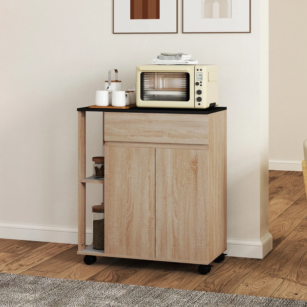 HOMCOM Dulapior de Bucătărie cu Sertare și Roți, Mobilier din Lemn, 78x39.5x88.5 cm, Stejar & Negru | Aosom Romania