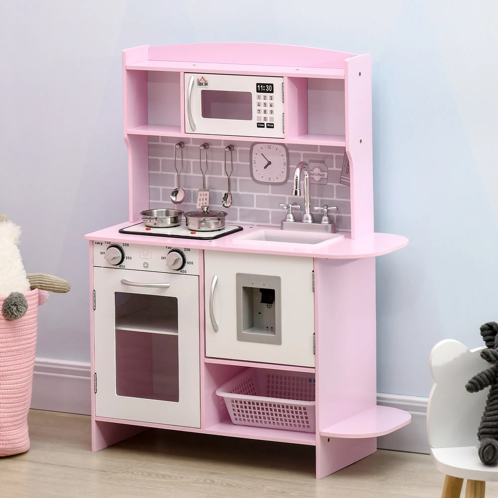 HOMCOM Bucătărie de Jucărie pentru Copii, cu Lumini și Sunete, Dozator Apă, Chiuvetă și Accesorii, MDF, PP, Roz | Aosom Romania
