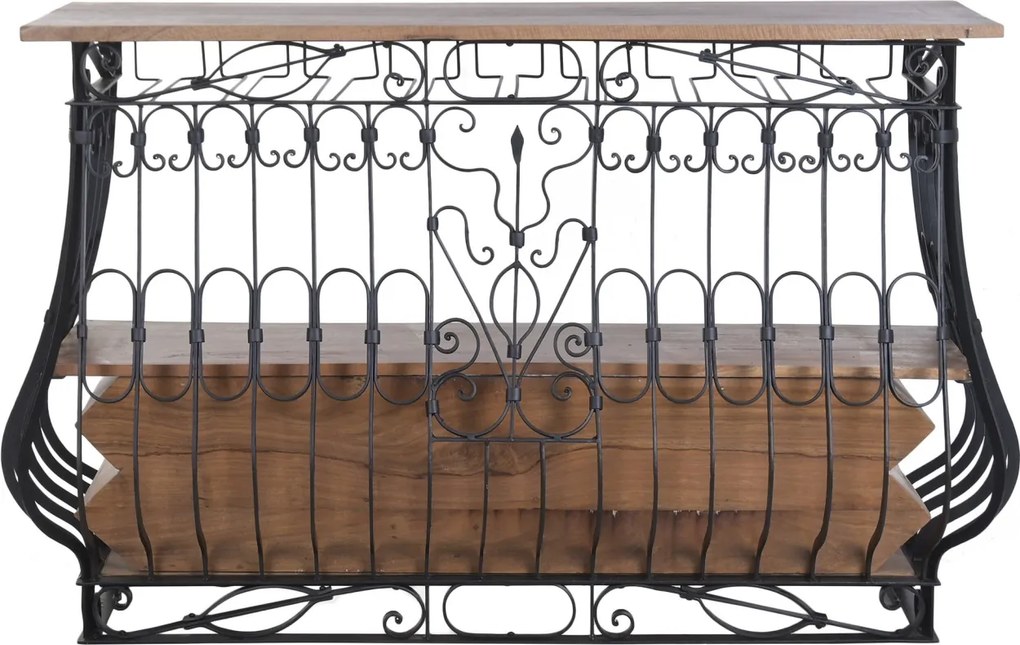 Bar din metal negru și lemn masiv, cu blat natur și rafturi, finisaj vopsit, 97 x 144 x 42 cm, „Périgord”