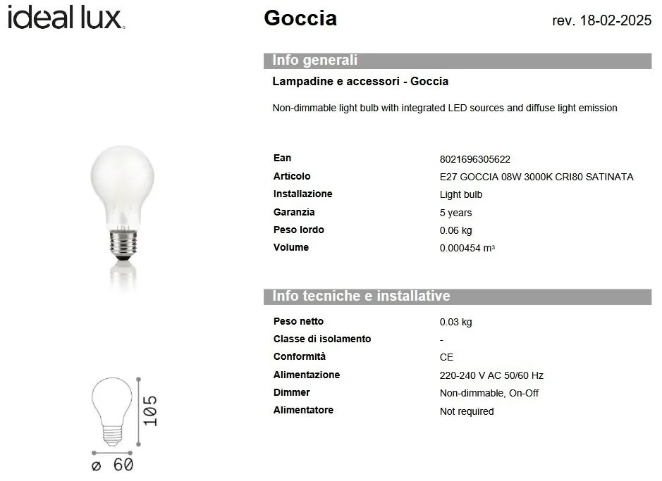 Bec LED, E27 goccia 08w 3000k cri80 satinata