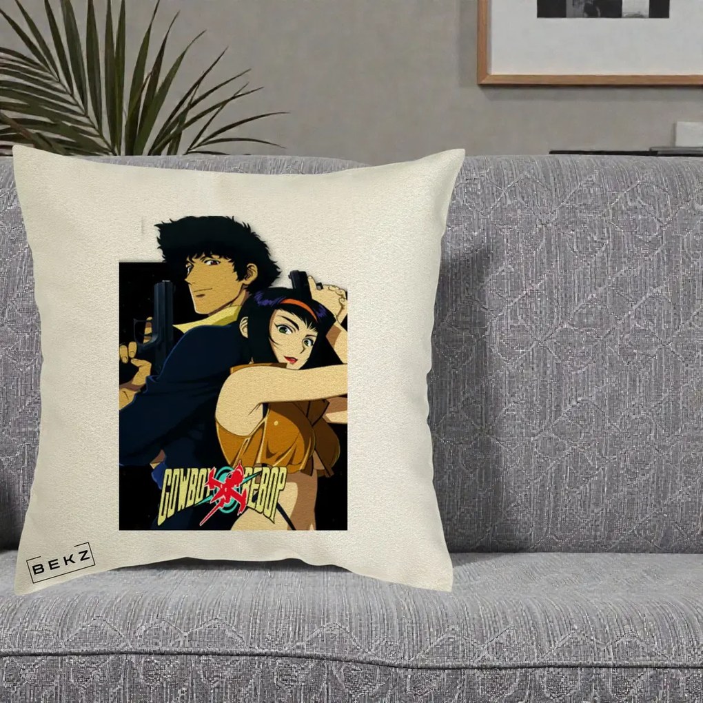 Perna Personalizata Cowboy Bebop Spike si Faye Poster, 40x40 cm, Ecru, Husa Detasabila, Perna Inclusa, BEKZ®