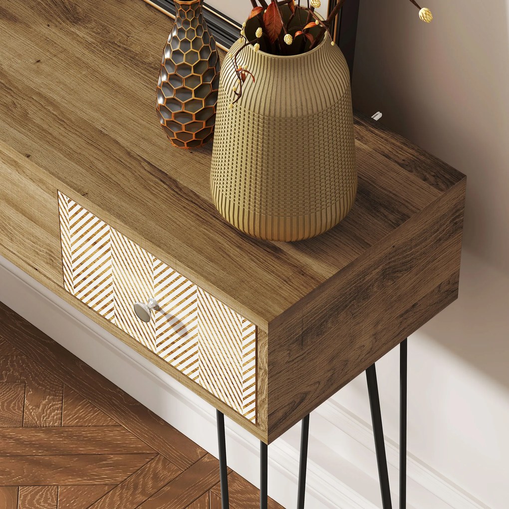 HOMCOM Masă console cu 3 sertare, masă de intrare îngustă cu picioare în formă de ac de păr din oțel, 90 x 30 x 75 cm, maro | Aosom Romania