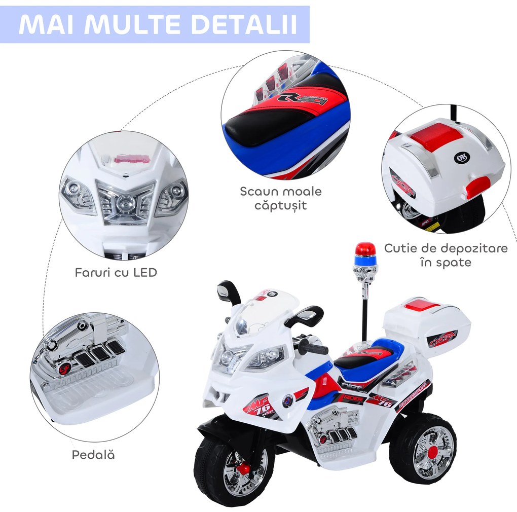 HOMCOM Motoreta Electrică 3 Roti pentru Copii cu Efecte Sonore și Luminoase, Include Muzică, 112x51x72.5cm | Aosom Romania
