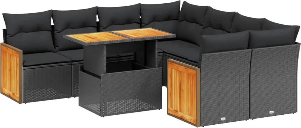 vidaXL Set mobilier de grădină cu perne, 9 piese, negru, poliratan