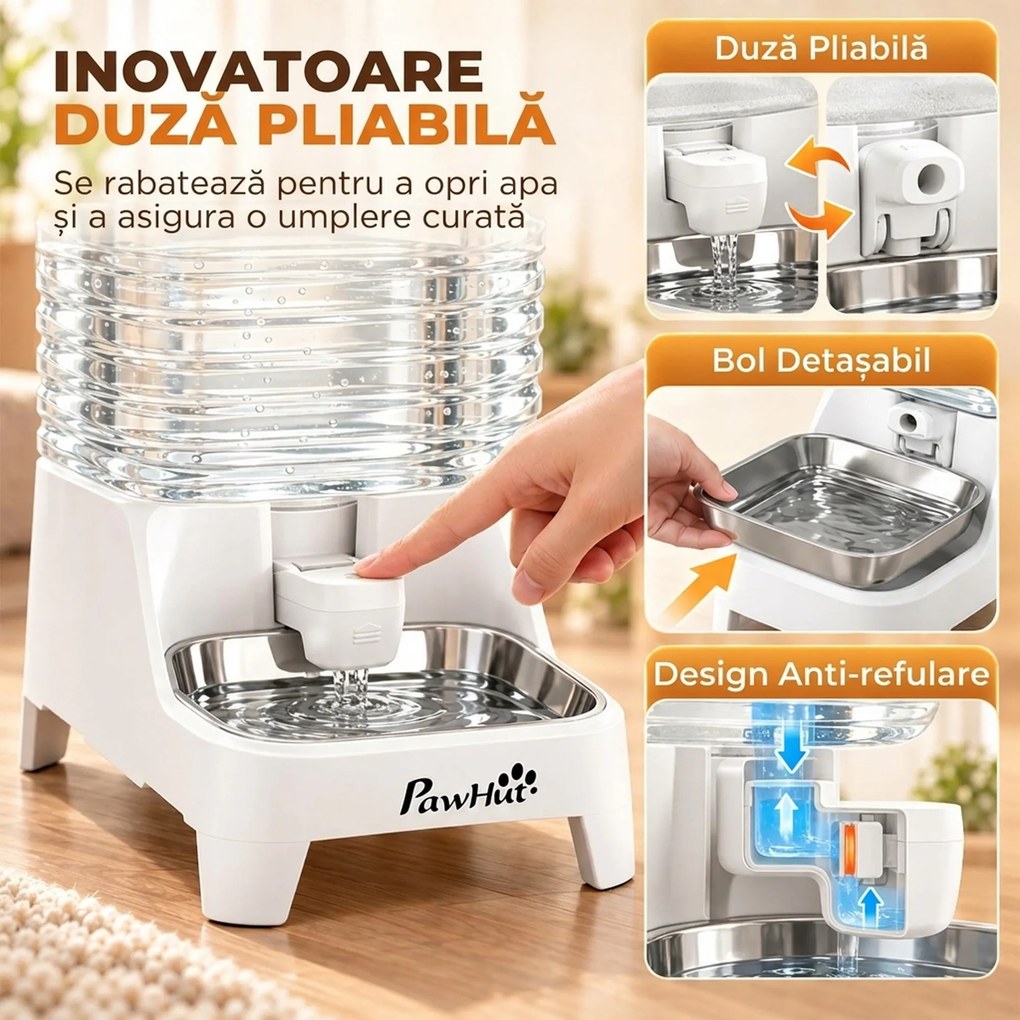 PawHut distribuitor automat de apă cu gravitație 8 L pentru pisici și câini, cu bol din inox, alb | Aosom Romania