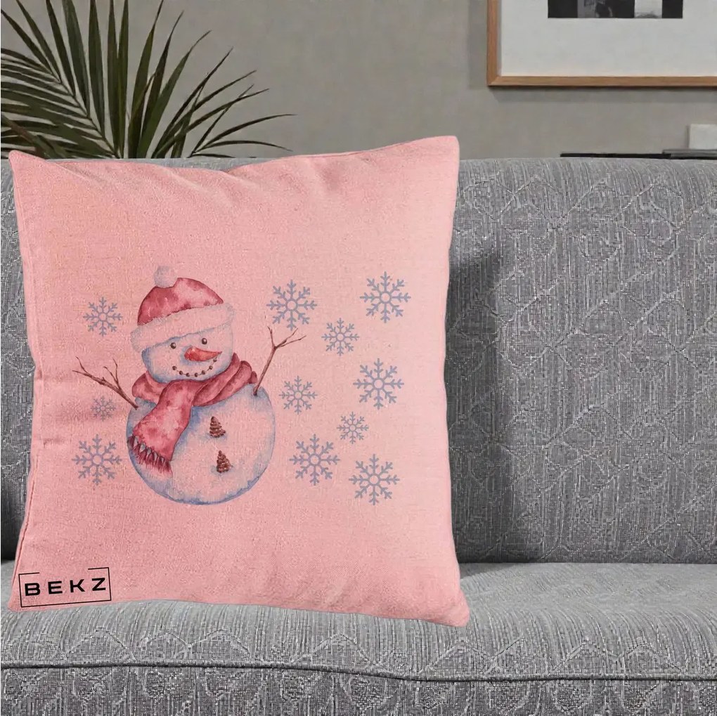 Perna Decorativa Om de Zapada Rosu cu Fulgi, 40x40 cm, Roz, Husa Detasabila, Perna Inclusa, BEKZ®