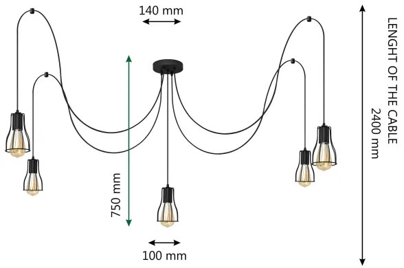 Lustră pe cablu TUBE LONG 5xE27/10W/230V negru