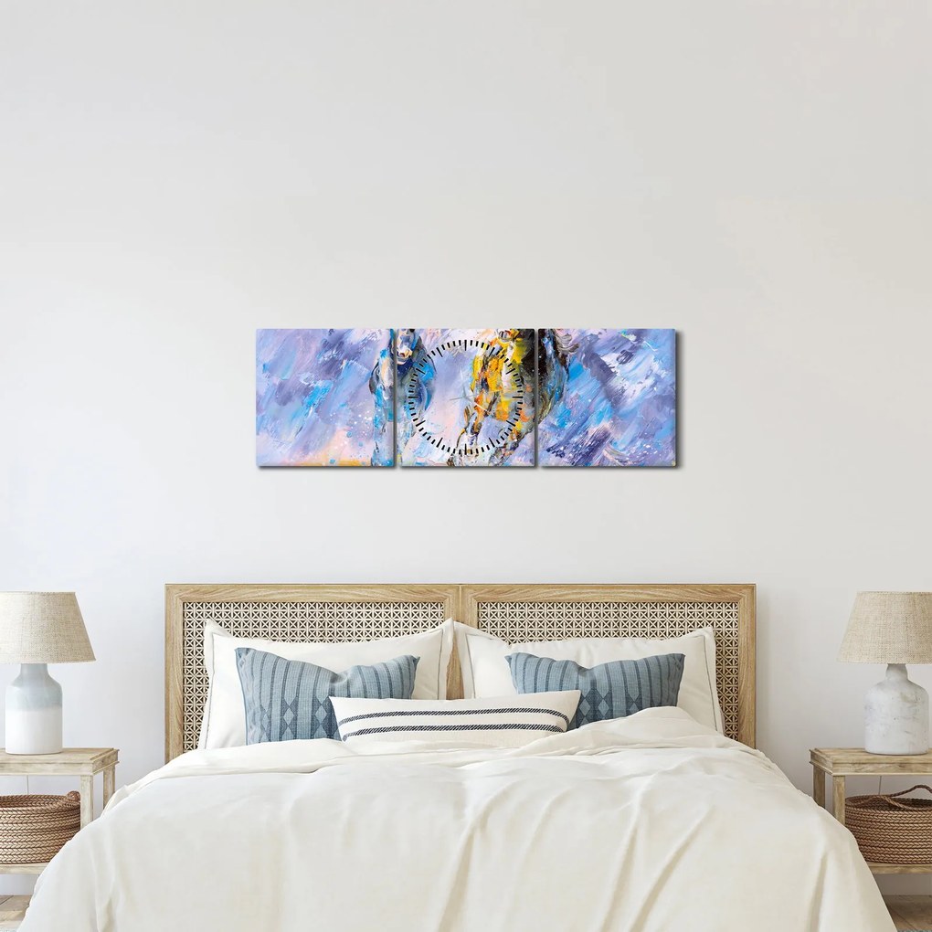 Tablou - Caii alergând, pictură în ulei (cu ceas) (90x30 cm)