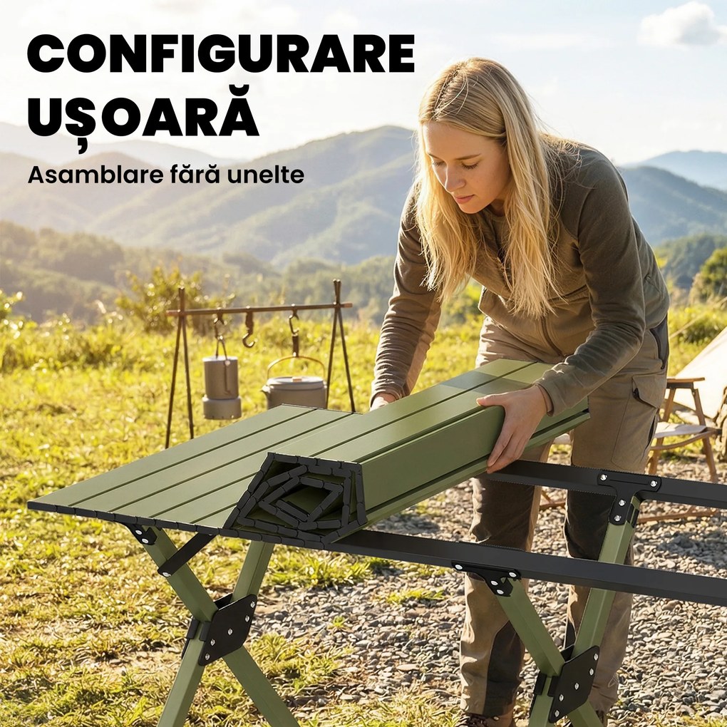 Outsunny Masă de Camping Pliabilă 116 cm, Masă de Picnic Impermeabilă cu Blat Rulabil și Cadru Metalic, Verde | Aosom Romania