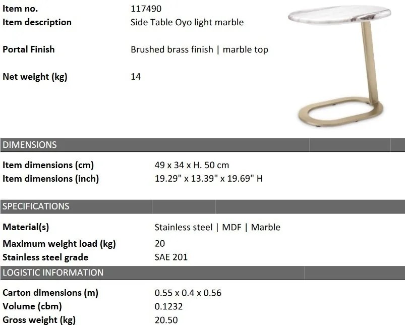 Masuta laterala design LUX cu blat din marmura Oyo