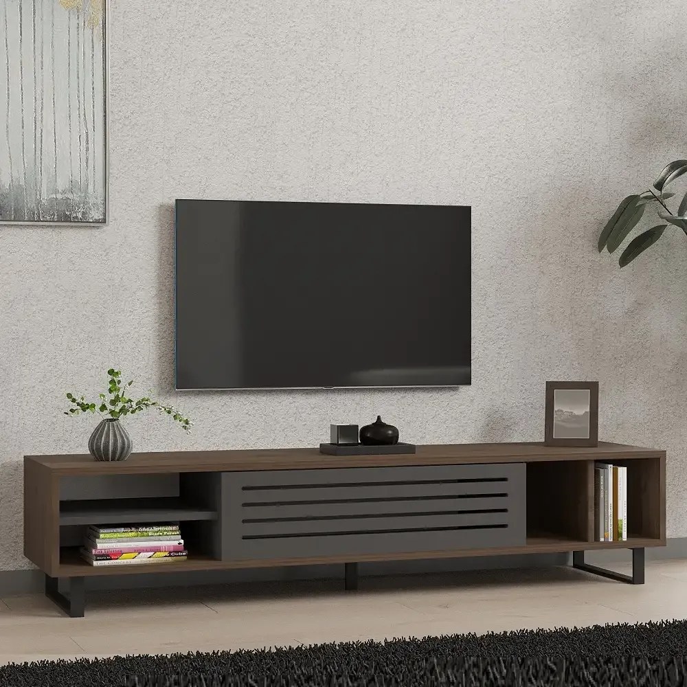Comoda tv Maira pentru living culoare nuc si antracit 160 cm