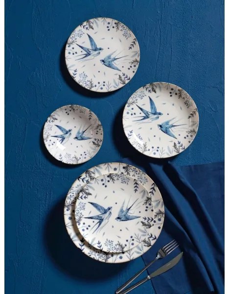 Set veselă 24 piese, porțelan, alb/albastru