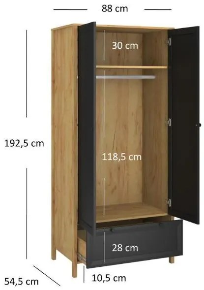 Dulap de haine Bruselas (stejar craft auriu + negru) . 1116784