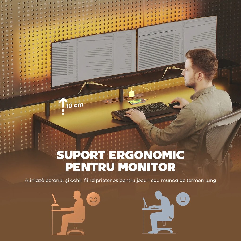 HOMCOM Birou Gaming Reversibil în Formă de L cu LED, Birou Colțar 192,5 cm cu Prize Electrice, Suport Monitor și CPU, 2 Sertare din Material Textil pentru Documente A4/Legal, pentru Acasă sau Birou, Negru | Aosom Romania