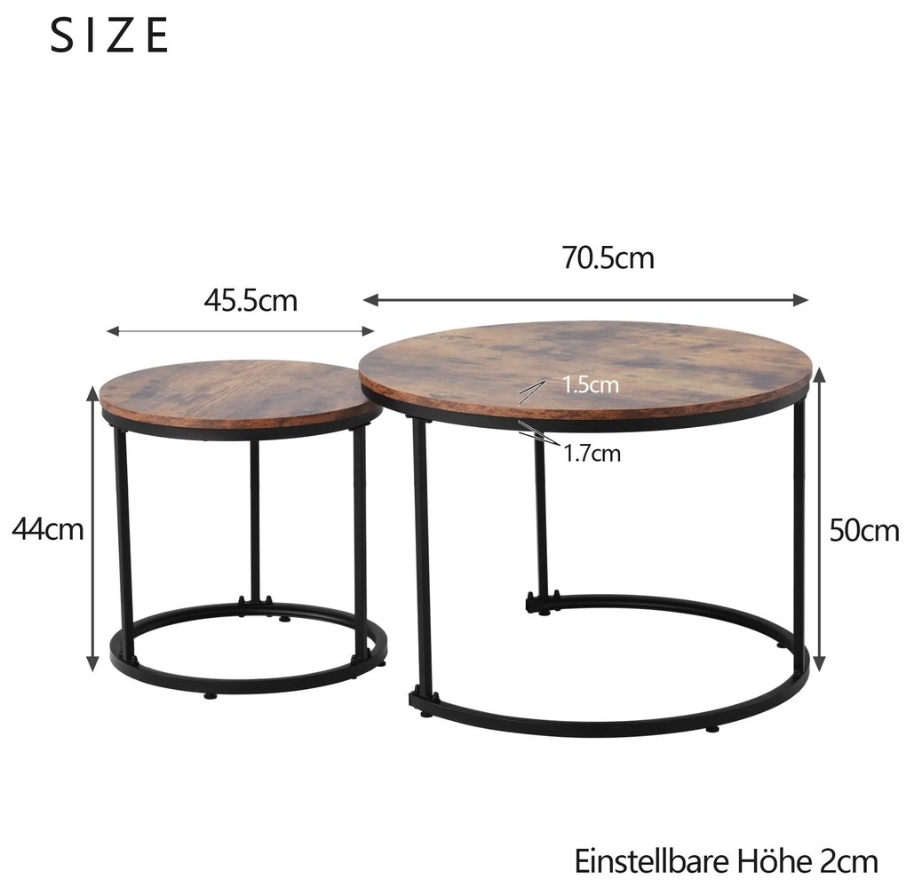 Set de 2 măsuțe rotunde, măsuță suprapusă cu blat din MDF și structură din oțel, masă mare 50 x 70,5 cm, masă mică 45,5 x 44 cm, Maro